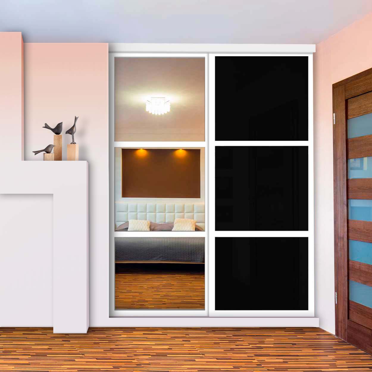 Puerta De Closet Con 2 Paneles - Vidrio Pintado Negro Y Espejo BMSC-2137